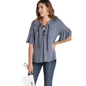 Umgee  NWT  Lace Up Bell Sleeve Top, Navy
